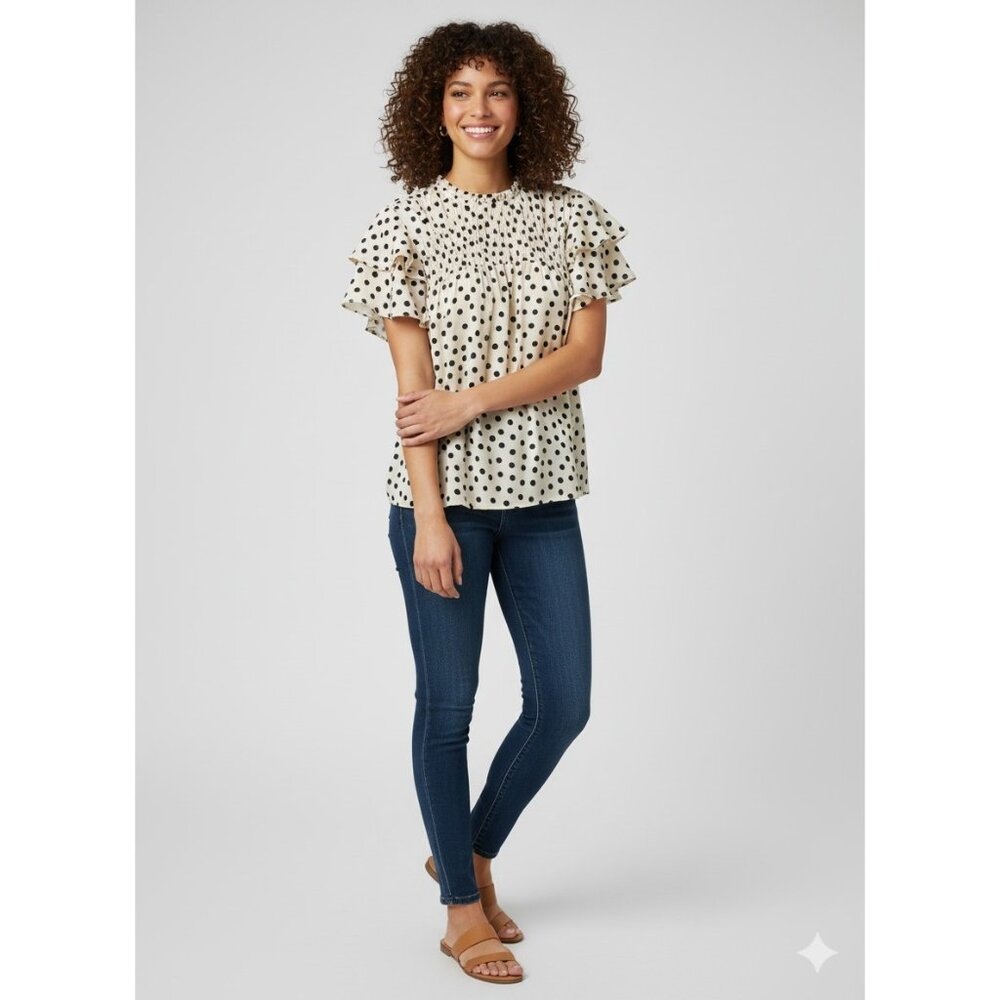 Ann Taylor Polka Dot Ruffle Sleeve Smocked Top Blouse Beige Black Size L